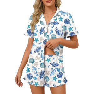 image:imageLYANER Womens Pajamas Set Button Down V Neck Short Sleeve Ruffle Pjs Top with Shorts SleepwearRoyal Blue White