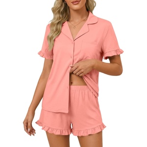 image:imageLYANER Womens Pajamas Set Button Down V Neck Short Sleeve Ruffle Pjs Top with Shorts SleepwearSolid Coral Pink
