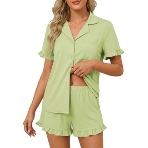 image:imageLYANER Womens Pajamas Set Button Down V Neck Short Sleeve Ruffle Pjs Top with Shorts SleepwearSolid Light Green