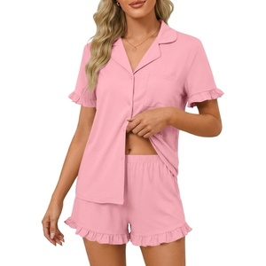 image:imageLYANER Womens Pajamas Set Button Down V Neck Short Sleeve Ruffle Pjs Top with Shorts SleepwearSolid Pink