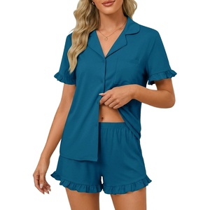 image:imageLYANER Womens Pajamas Set Button Down V Neck Short Sleeve Ruffle Pjs Top with Shorts SleepwearSolid Teal Blue