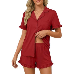 image:imageLYANER Womens Pajamas Set Button Down V Neck Short Sleeve Ruffle Pjs Top with Shorts SleepwearSolid Wine Red