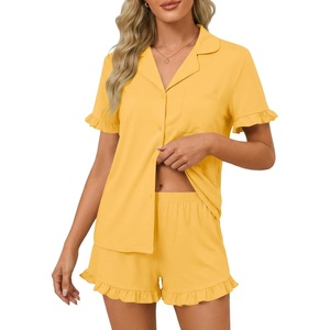 image:imageLYANER Womens Pajamas Set Button Down V Neck Short Sleeve Ruffle Pjs Top with Shorts SleepwearSolid Yellow