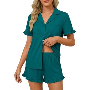 image:imageLYANER Womens Pajamas Set Button Down V Neck Short Sleeve Ruffle Pjs Top with Shorts SleepwearWood Green