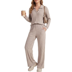 image:imageLYANER Womens Ribbed Knit Lounge Set 2 Piece Long Sleeve V Neck Cozy Pajamas Sets Soft SleepwearKhaki