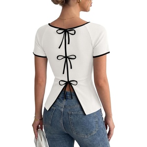 image:imageLYANER Womens Ribbed Ribbon Back Split Scoop Neck Short Sleeve Elegant Blouse TopWhite