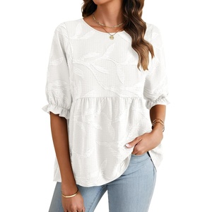 image:imageLYANER Womens Round Neck Floral Textured Babydoll Peplum Tops Puff Half Sleeve Blouses ShirtBeige