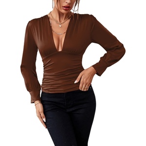 image:imageLYANER Womens Ruched Long Sleeve Low Cut Strenchy Elastic Waist Blouse Shirt TopBrown