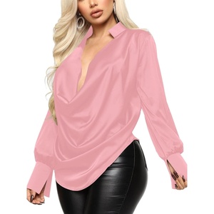 image:imageLYANER Womens Satin Collar Neck Drape Ruched Front Long Sleeve Blouse Shirt TopBright Pink