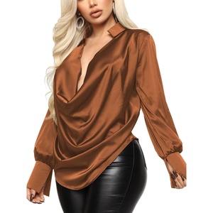 image:imageLYANER Womens Satin Collar Neck Drape Ruched Front Long Sleeve Blouse Shirt TopBrown