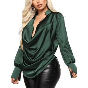 image:imageLYANER Womens Satin Collar Neck Drape Ruched Front Long Sleeve Blouse Shirt TopDark Green