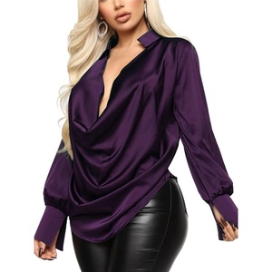 image:imageLYANER Womens Satin Collar Neck Drape Ruched Front Long Sleeve Blouse Shirt TopPurple