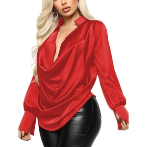 image:imageLYANER Womens Satin Collar Neck Drape Ruched Front Long Sleeve Blouse Shirt TopRed