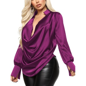 image:imageLYANER Womens Satin Collar Neck Drape Ruched Front Long Sleeve Blouse Shirt TopRose