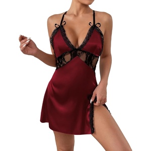 image:imageLYANER Womens Satin Lace V Neck Chemise Lingerie Split Slit Babydoll Nightgown Nightdress SleepwearBurgundy
