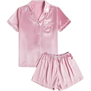image:imageLYANER Womens Satin Silk Pajamas Short Sleeve Button Shirt amp Shorts Set PJ SleepwearPink