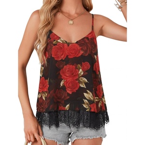 image:imageLYANER Womens Sexy Beach Cami Shirts Spaghetti Strap V Neck Sleeveless Flowy Cute Lace Trim TopsRose