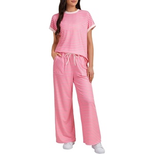 image:imageLYANER Womens Short Sleeve Pajamas Set Stripe Round Neck Lounge Sets Sleepwear with PocketsPink