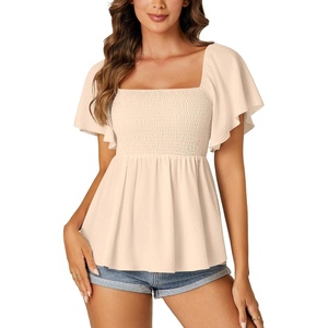 image:imageLYANER Womens Square Neck Smocked Peplum Blouse Top Ruffle Short Sleeve Flowy Babydoll Cute Shirt TopsBeige