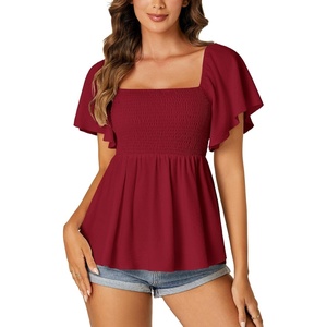 image:imageLYANER Womens Square Neck Smocked Peplum Blouse Top Ruffle Short Sleeve Flowy Babydoll Cute Shirt TopsBurgundy