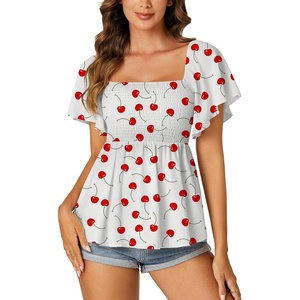 image:imageLYANER Womens Square Neck Smocked Peplum Blouse Top Ruffle Short Sleeve Flowy Babydoll Cute Shirt TopsCherry White