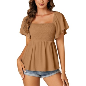 image:imageLYANER Womens Square Neck Smocked Peplum Blouse Top Ruffle Short Sleeve Flowy Babydoll Cute Shirt TopsDark Khaki