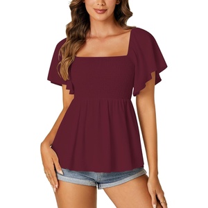 image:imageLYANER Womens Square Neck Smocked Peplum Blouse Top Ruffle Short Sleeve Flowy Babydoll Cute Shirt TopsDark Red