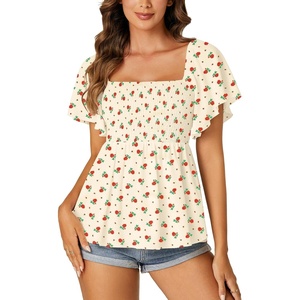 image:imageLYANER Womens Square Neck Smocked Peplum Blouse Top Ruffle Short Sleeve Flowy Babydoll Cute Shirt TopsFloral Beige