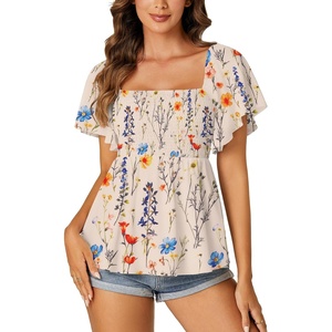 image:imageLYANER Womens Square Neck Smocked Peplum Blouse Top Ruffle Short Sleeve Flowy Babydoll Cute Shirt TopsFloral Multi