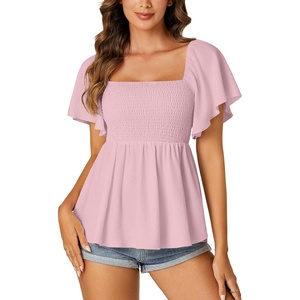 image:imageLYANER Womens Square Neck Smocked Peplum Blouse Top Ruffle Short Sleeve Flowy Babydoll Cute Shirt TopsPink