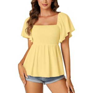 image:imageLYANER Womens Square Neck Smocked Peplum Blouse Top Ruffle Short Sleeve Flowy Babydoll Cute Shirt TopsYellow