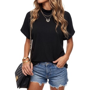 image:imageLYANER Womens Summer High Mock Neck Batwing Short Sleeve Shirt Top Asymmetric Hem Casual BlouseBlack