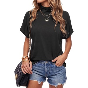 image:imageLYANER Womens Summer High Mock Neck Batwing Short Sleeve Shirt Top Asymmetric Hem Casual BlouseDark Gray