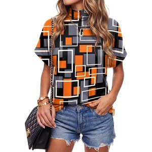 image:imageLYANER Womens Summer High Mock Neck Batwing Short Sleeve Shirt Top Asymmetric Hem Casual BlouseGeometric Orange