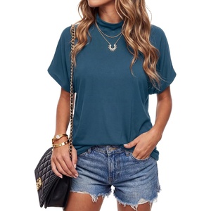 image:imageLYANER Womens Summer High Mock Neck Batwing Short Sleeve Shirt Top Asymmetric Hem Casual BlouseLake Blue