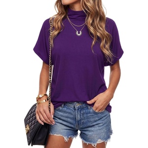 image:imageLYANER Womens Summer High Mock Neck Batwing Short Sleeve Shirt Top Asymmetric Hem Casual BlousePurple