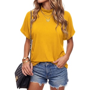 image:imageLYANER Womens Summer High Mock Neck Batwing Short Sleeve Shirt Top Asymmetric Hem Casual BlouseYellow