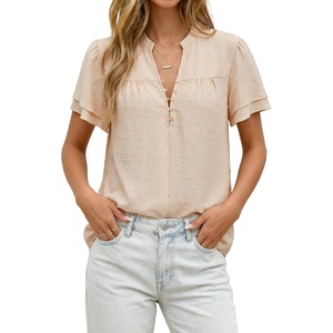 image:imageLYANER Womens Swiss Dot Button Up V Neck Short Sleeve Dressy Casual Blouse TopsBeige