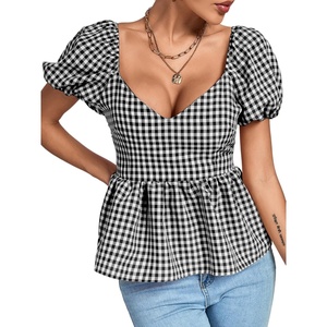 image:imageLYANER Womens V Neck Ruffle Hem Shirred Back Puff Short Sleeve Peplum Top BlouseBlack White