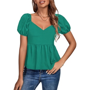image:imageLYANER Womens V Neck Ruffle Hem Shirred Back Puff Short Sleeve Peplum Top BlouseGreen