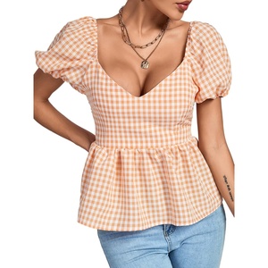 image:imageLYANER Womens V Neck Ruffle Hem Shirred Back Puff Short Sleeve Peplum Top BlouseOrange Plaid