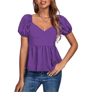 image:imageLYANER Womens V Neck Ruffle Hem Shirred Back Puff Short Sleeve Peplum Top BlousePurple