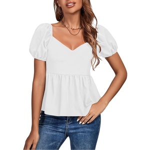 image:imageLYANER Womens V Neck Ruffle Hem Shirred Back Puff Short Sleeve Peplum Top BlouseWhite