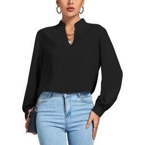 image:imageLYANER Womens V Neck Shirred Long Sleeve Office Elegant Tunic Blouse TopBlack
