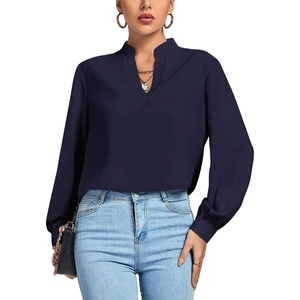 image:imageLYANER Womens V Neck Shirred Long Sleeve Office Elegant Tunic Blouse TopNavy Blue