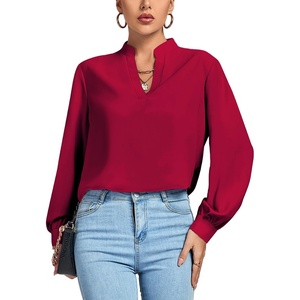 image:imageLYANER Womens V Neck Shirred Long Sleeve Office Elegant Tunic Blouse TopWine Red