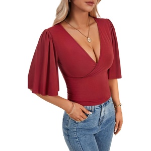 image:imageLYANER Womens V Neck Wrap Dressy Tops for Women Elegant Ruffle Short Sleeve Business Casual BlouseWine Red