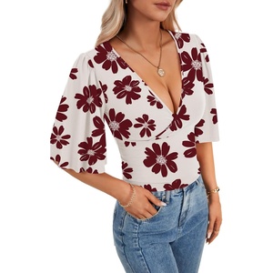 image:imageLYANER Womens V Neck Wrap Dressy Tops for Women Elegant Ruffle Short Sleeve Business Casual BlouseWine Red Flower