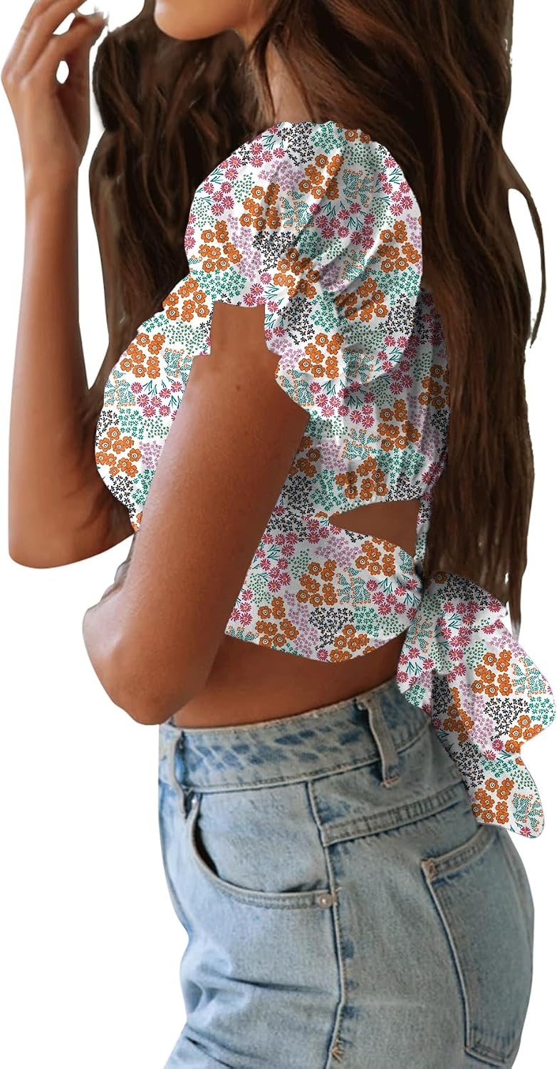 image:imageLYANER Womens Cute Ruffle Puff Short Sleeve Tie Back Crop Top Off The Shoulder Cropped BlouseFloral Multicolored