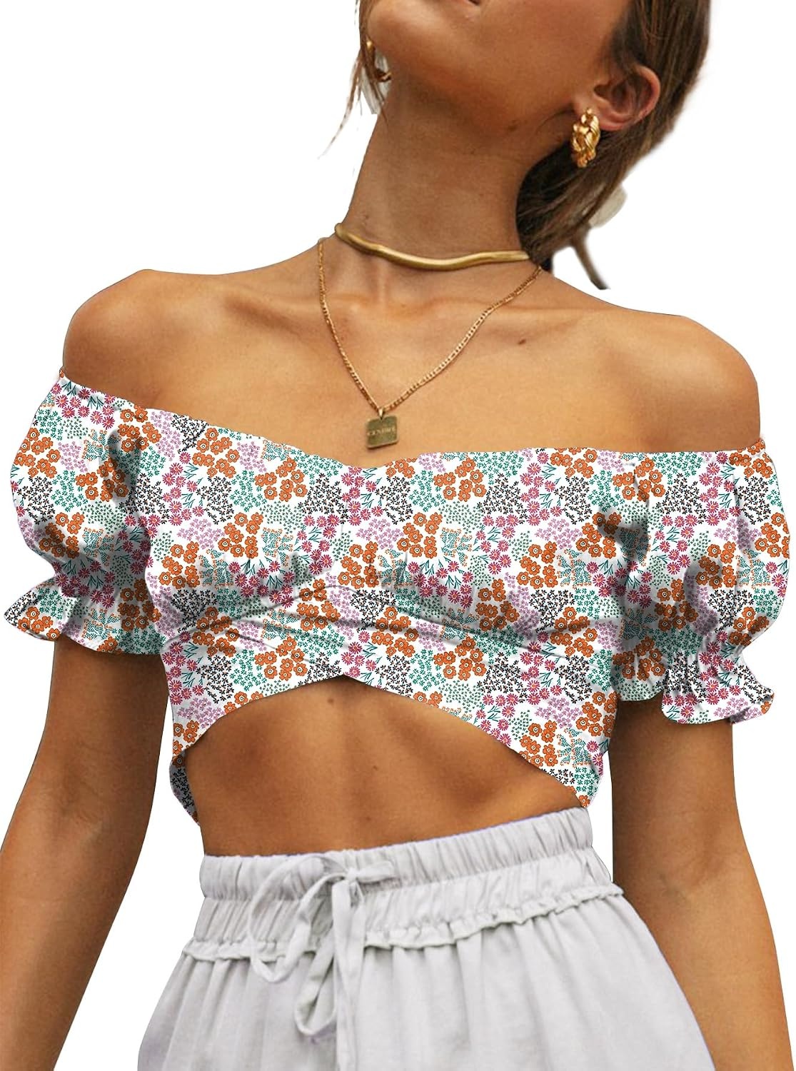 image:imageLYANER Womens Cute Ruffle Puff Short Sleeve Tie Back Crop Top Off The Shoulder Cropped BlouseFloral Multicolored